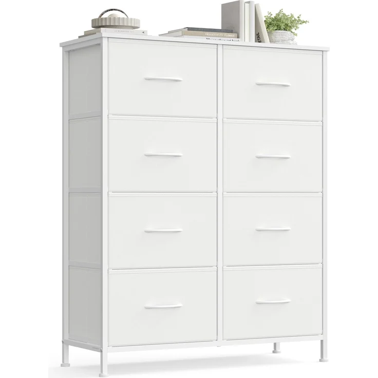 SONGMICS Kommode, Schrank, 8 Stoffschubladen, Aufbewahrungsschrank, Stahl, MDF, Vliesstoff, für Schlafzimmer, Flur, Wohnzimmer, wolkenweiß-schneeweiß LGS124WH01