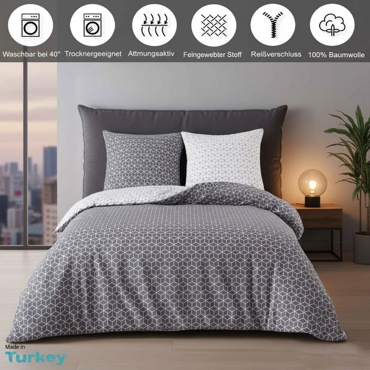 Buymax Bettwäsche Bettbezug Set Sillage 100% Baumwolle, Renforce: 100% Baumwolle, 4 teilig, mit Reißverschluss, modern gestreift, Grau Weiß, 135x200 cm – Bild 1
