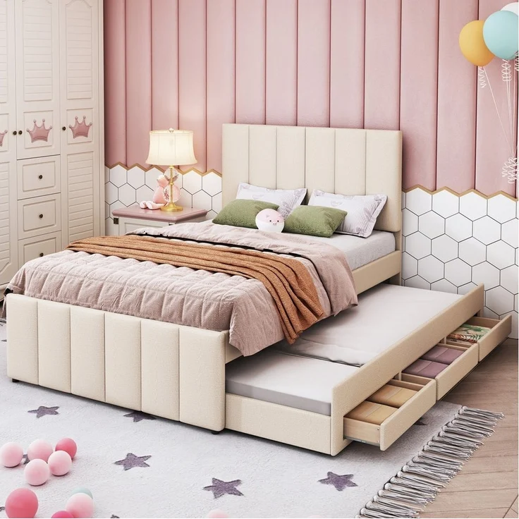 Flieks Polsterbett, Einzelbett 90x200cm mit 3 Schubladen und Ausziehbett 90x190cm – Bild 1