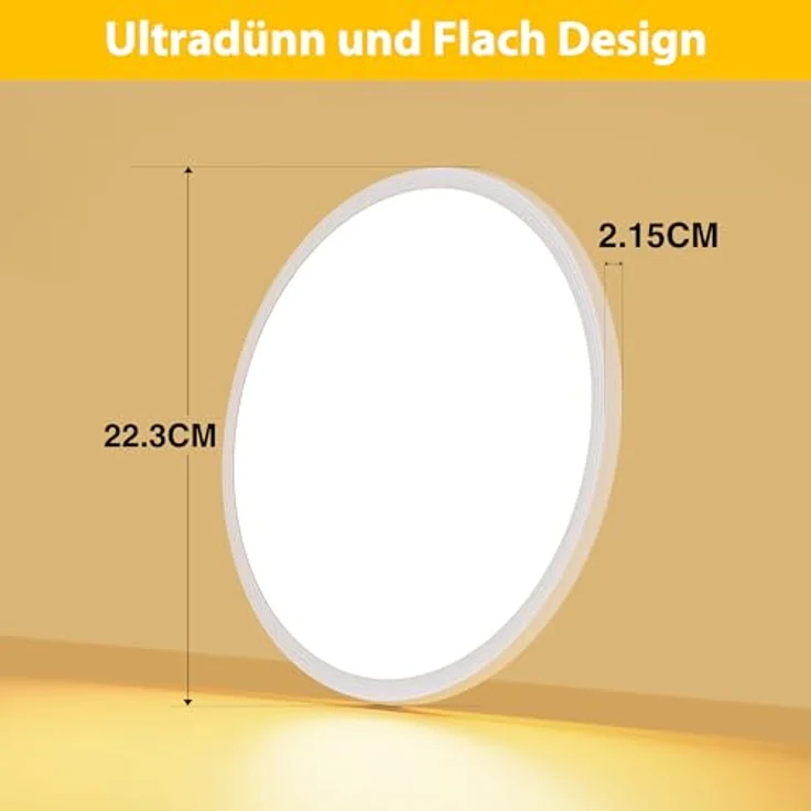 OUILA LED Deckenleuchte Flach Rund - Ø22CM Deckenlampe LED 18W 1600LM 3000K Warmweiß IP44 Wasserdicht Badezimmer Lampe, Badlampe Decke für Bad Küche Flur Schlafzimmer Keller – Bild 4