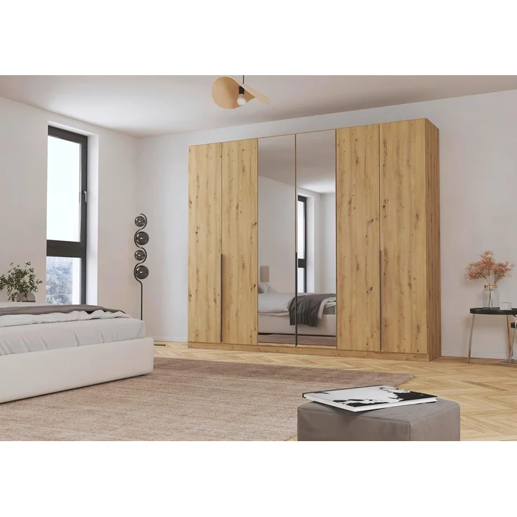 Rauch Möbel Alabama, Kleiderschrank, Garderobenschrank, 6-türig, Spiegel, Zubehör Classic, 3 Kleiderstangen, 6 Einlegeböden, Farbe Eiche Artisan, Holz, Griff Grau metallic, 271 x 210 x 54 cm – Bild 2