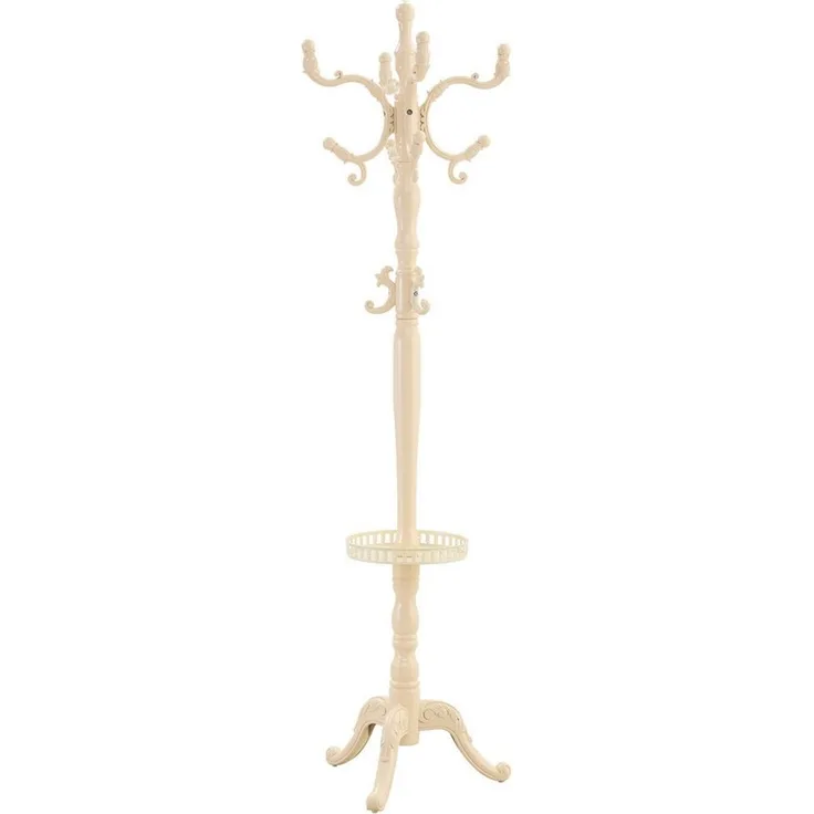 JUFU Garderobenständer aus massivem Buchenholz im klassischen Stil, 195 cm hoch, (1 St), mit Metallablage, abgerundeten Haken & stabilem Dreibein