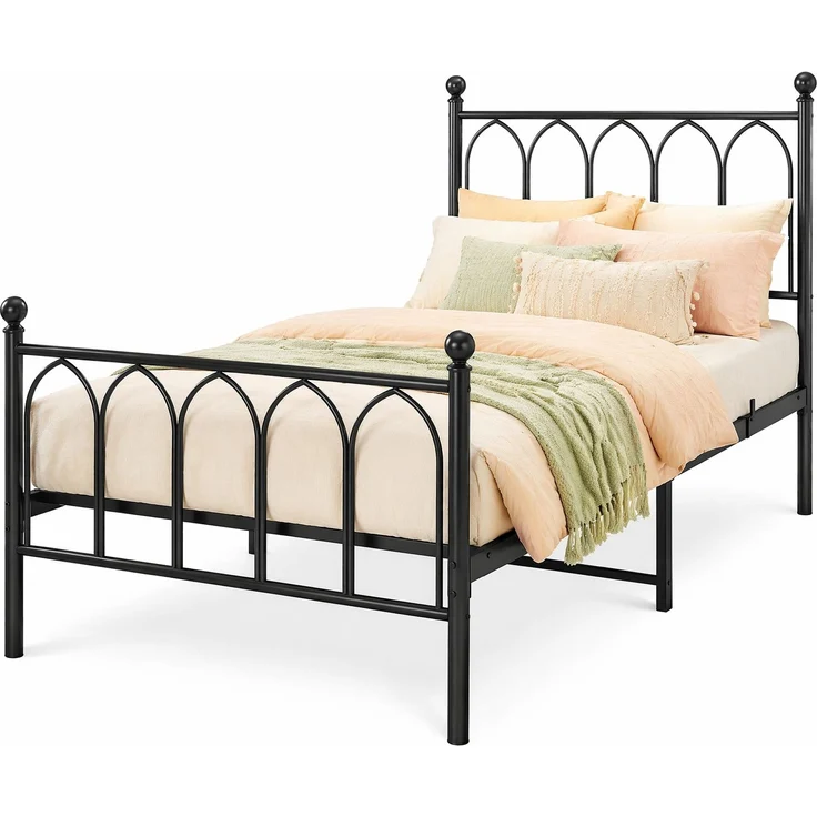 Metallbett 90x200 cm mit 15 cm Matratze, Vintage-Design, geschwungenes Kopfteil, Schwarz – Bild 6