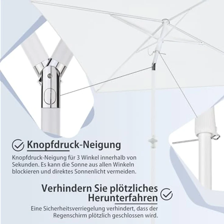 Sekey 180 × 125 cm Sonnenschirm mit Schutzhülle, Balkonschirm Gartenschirm Terrassenschirm, Sonnenschutz UPF50+, Kippbar, Höhenverstellbar, Rechteckig- Creme – Bild 4