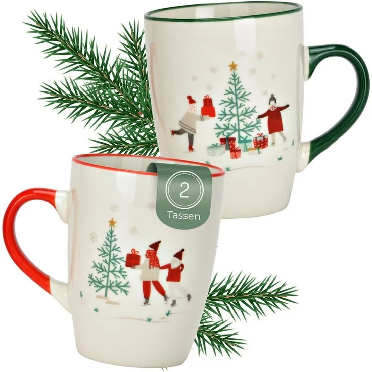 matches21 HOME & HOBBY Tasse Weihnachtstassen Set Design mit Geschenk-Motiv, Kaffeetasse 330 ml, 2-tlg, Porzellan, Tassen für Kaffee & Tee für Weihnachten