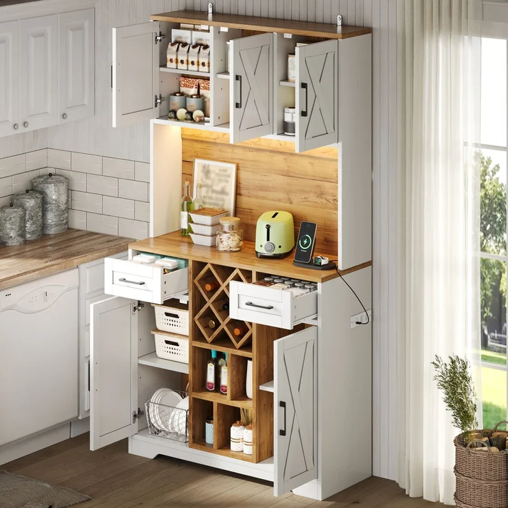 Küchenschrank, hoher Stauraumschrank mit LED-Beleuchtung, Vorratsschrank mit Weinregalen, Weinschrank & Vitrinenschrank für Wohnzimmer und Esszimmer, 180 × 105 × 40 cm--Natur + Weiß2--105x40x180cm--YOUDENOVA – Bild 2