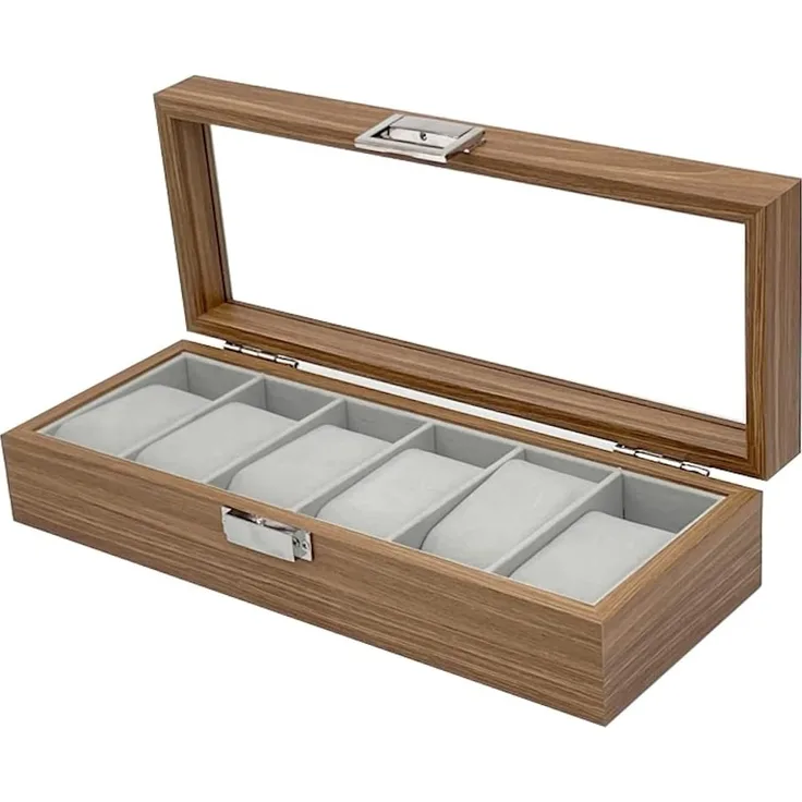 mixed24 Schmuckkasten Holz Uhrenkoffer für 6 Uhren Uhrenaufbewahrung Uhrenkasten Uhrenbox, Deckel aus Echtglas