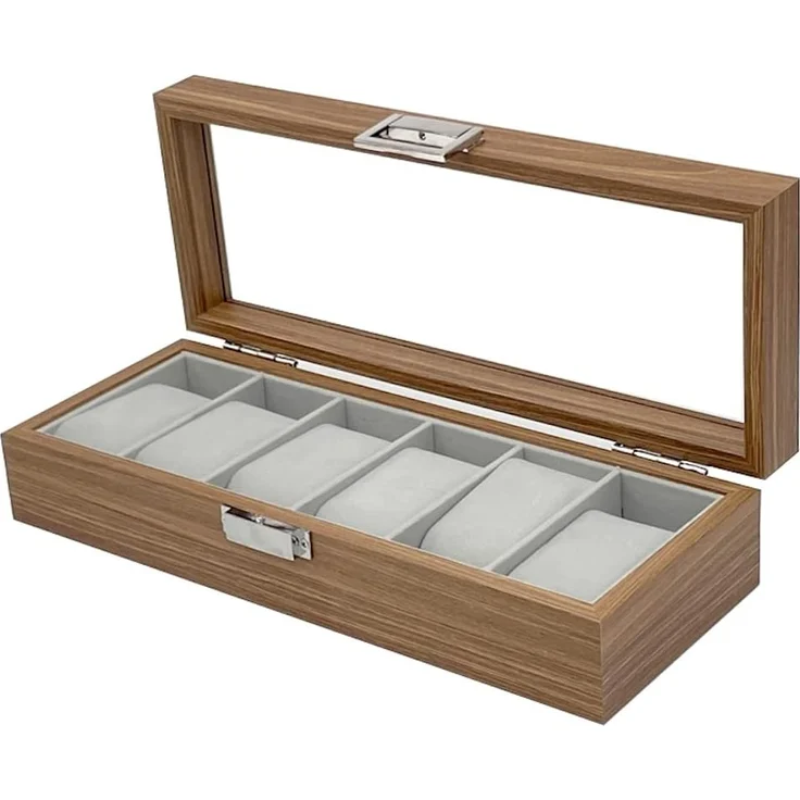 mixed24 Schmuckkasten Holz Uhrenkoffer für 6 Uhren Uhrenaufbewahrung Uhrenkasten Uhrenbox, Deckel aus Echtglas – Bild 1