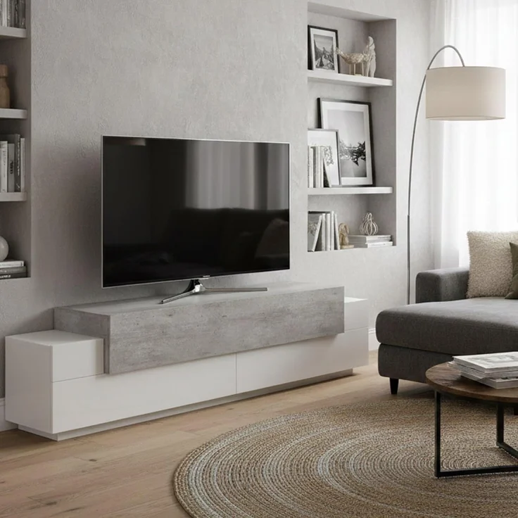 Dmora - TV-Schrank Teo, niedriges Wohnzimmer-Sideboard, Fernsehständer-Basis, 100 % Made in Italy, 200 x 45 x 52 cm, glänzendes Weiß und Zement,