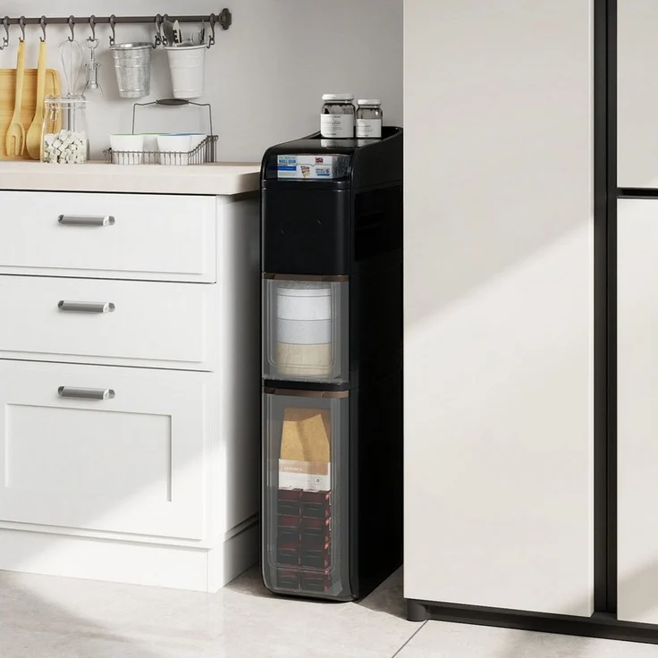 COSTWAY Badkommode, Nischenschrank schmal mit 2 Schubladen, Taschentuchbox, Rollen – Bild 2
