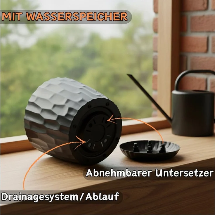 Engelland Blumentopf Pflanztopf mit Untersetzer & Bewässerungssystem (Vorteils-Set, 1 St, robuster PP-Kunststoff), Übertopf, Hammerschlag-Optik, Innen- & Außen, Wasserspeicher, rund – Bild 3