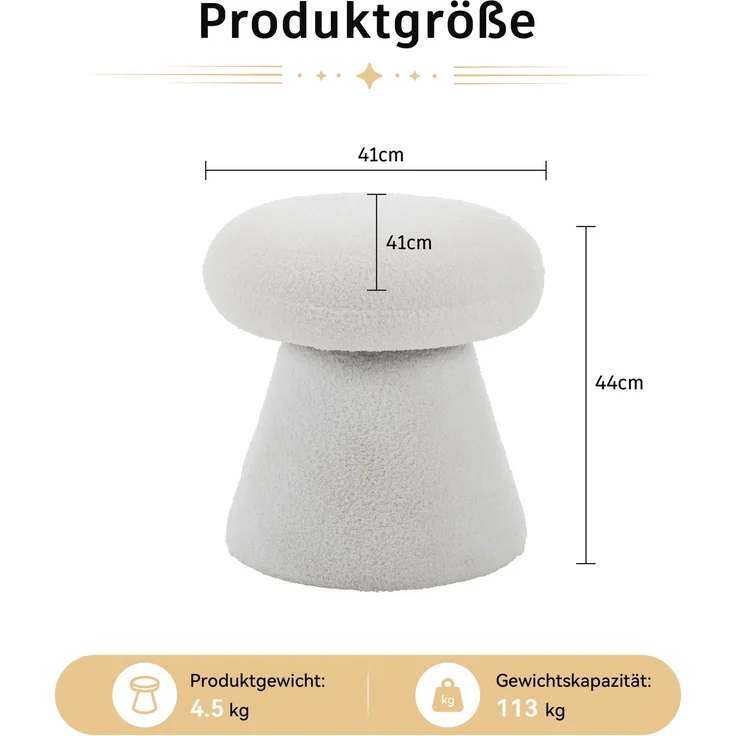 066-Moderner Drehbarer Hocker für Wohnzimmer Schlafzimmer, Kreativer Pilzform Teddystoff Polsterhocker mit 360 Rotation, Bequemer Kleiner Schminktisch Hocker für Erwachsene & Kinder, Weiß--Weiß--41x41x44cm--YOUDENOVA – Bild 2