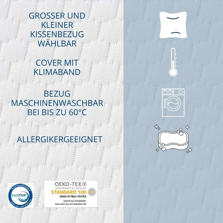 Genius Schlafkissen eazzzy Schaumkissen 40x80 cm, 2 x eazzzy Nackenkissen/Schaumkissen 2 x Kissenbezug, Nackenstützkissen mit 2 Härtegraden + kühlender Gelschaum – Bild 7