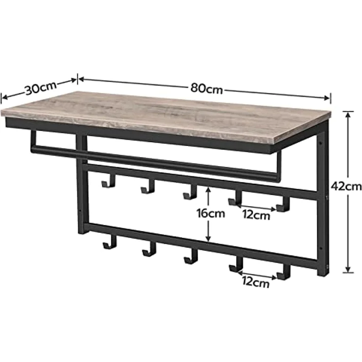 Hoobro Wandgarderobe mit Ablage, Wandregal mit 10 Haken und Stangen, 80 x 30 x 42 cm, Wandmontiertes Hängeregal für Flur, Wohnzimmer, Schlafzimmer – Bild 4