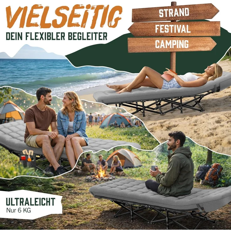 ELONEO Feldbett klappbar mit Premium Auflage, Campingliege bis 200kg belastbar, Grau – Bild 6