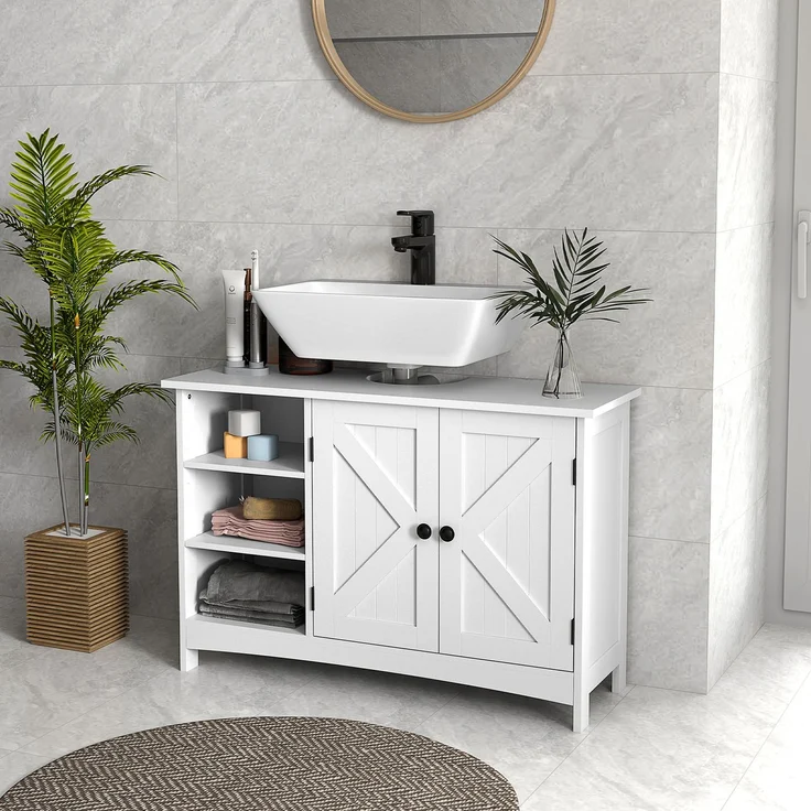 Waschtischunterschrank für das Badezimmer im klassischen Stil, Schrank mit 2 Türen und verstellbaren Einlegeböden, 90 x 30 x 60 cm, weiß – Bild 4