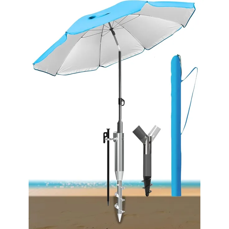 4smile Sonnenschirm Strand 200 cm 3-IN-1 Set – Strandschirm Windfest Stabil, Sonnenschutz Strand mit Schutzhülle, Sonnenschirm mit Bodendübel, Eindrehbodenhülse, UPF50+, Fb. Blau