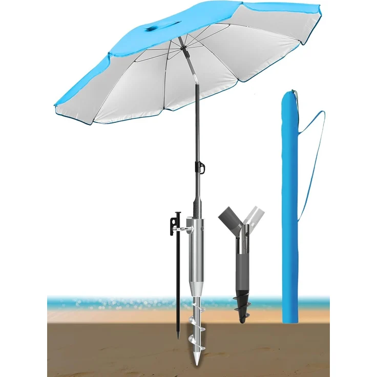 4smile Sonnenschirm Strand 200 cm 3-IN-1 Set – Strandschirm Windfest Stabil, Sonnenschutz Strand mit Schutzhülle, Sonnenschirm mit Bodendübel, Eindrehbodenhülse, UPF50+, Fb. Blau