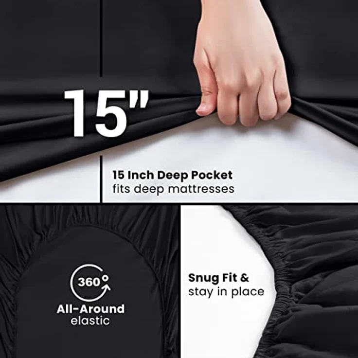 Utopia Bedding Spannbettlaken für Doppelbett, 6 Stück, weich gebürstete Mikrofaser, Tiefe Taschen, schrumpft und lichtbeständig, pflegeleicht (schwarz) – Bild 4