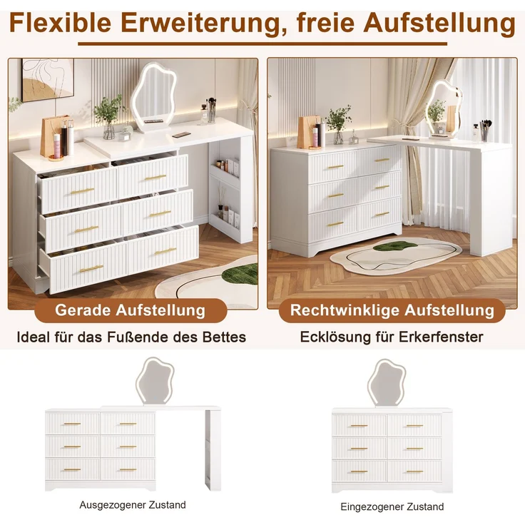 Drehbarer Schminktisch B 110 x T 40 x H 129 cm, längenverstellbar, mit LED-Spiegel und 6 Schubladen – Bild 9