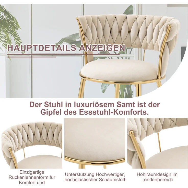 LVHOM Esszimmerstuhl Luxuriöse Samt-Stühle 2er mit Rückenlehne & Metallbeine, Goldene Stuhlbeine & Rahmen, Geflochtener Stil, mehrere Farboptionen, Polsterstuhl, 2 St – Bild 3