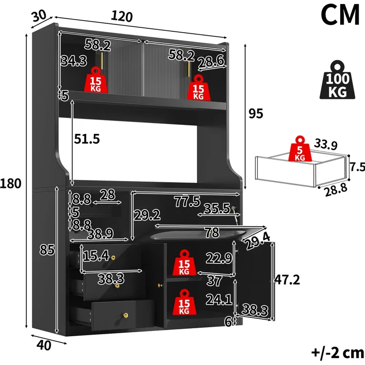 Küchenhochschrank 120x40x180 cm in Schwarz mit RGB-LED, Glasschiebetüren, Weinregal und 3 Schubladen – Bild 7