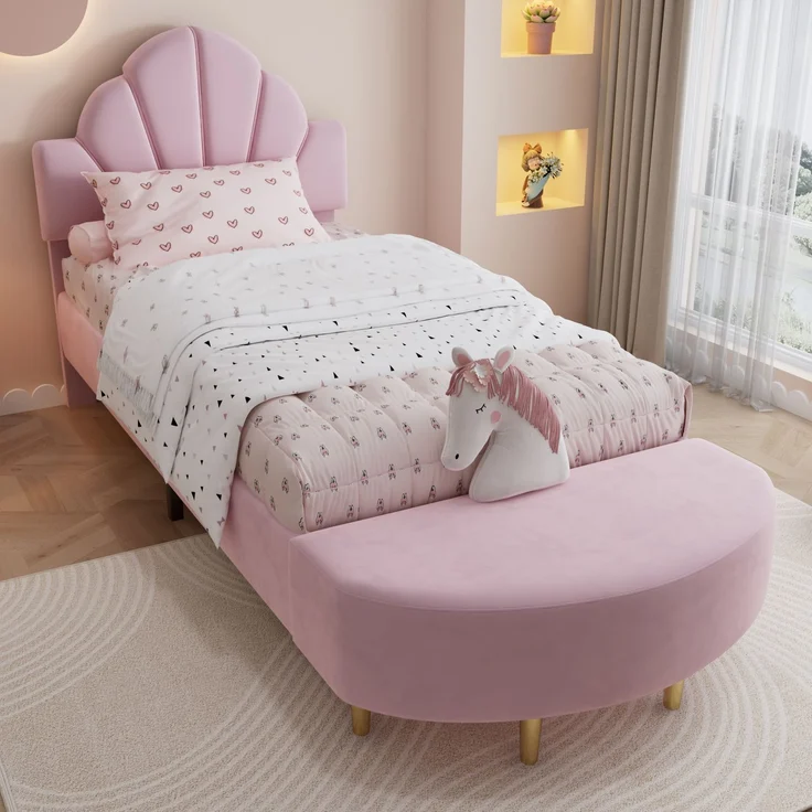 Merax Polsterbett, 90 x 200cm Einzelbett, Kinderbett mit Samtkopfteil, Mit einer Bettbank in gleicher Farbe, Weiche Antikollisions-Schwammkante, Rosa – Bild 1