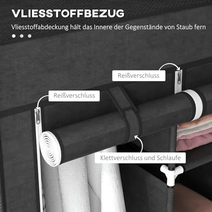 HOMCOM Stoffschrank Faltschrank, Faltbare Garderobe aus Vliesstoff (Kleiderschrank, 1-St, Tücherschrank) Schwarz, 125 x 43 x 162,5 cm – Bild 5