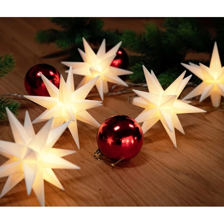 3D Leuchtstern Lichterkette mit 10 LED-Sternen, ca. 6,75m + Zuleitung, für Innenbereich und Außenbereich, warm-weiß beleuchtet, Timerfunktion (weiß, 10er Stern-Lichterkette (Netzstecker))