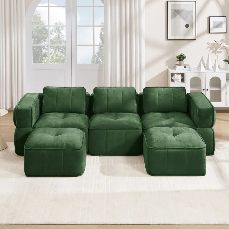 EINHOM 3-Sitzer U-förmiges Modulsofa mit 2 Hockern, ohne Gestell, 32D-Hochdichteschaum, tiefe Sitzfläche, hautfreundlicher, weicher Stoff, ideal für Wohnzimmer, keine Montage erforderlich, Grün