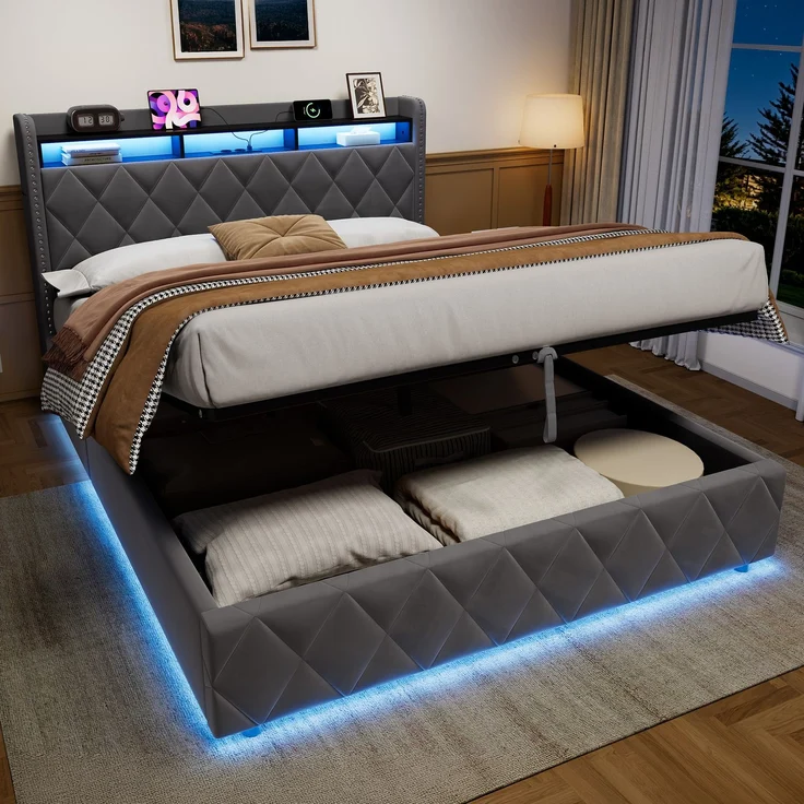 Einzelbett 140x200 cm mit LED-Beleuchtung, Ladefunktion und hydraulischem Stauraum – Ohne Matratze – Bild 5