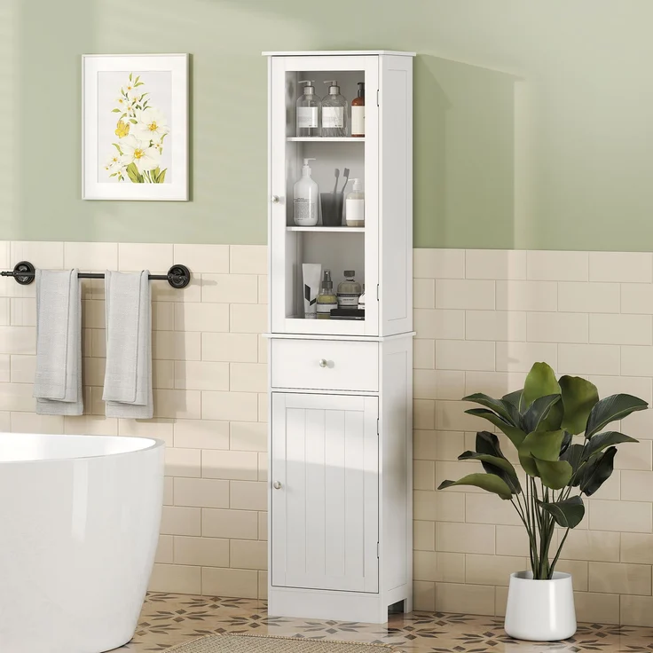 Platzsparende mobile Badezimmersäule mit Schrank, Schublade und Einlegeböden aus MDF, 40 x 27 x 171,5 cm, Weiß – Bild 3