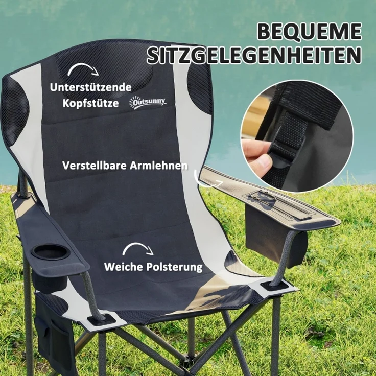 JARDJ 2er Set Faltstuhl faltbar Campingstuhl mit Armlehnen Getränkehalter Kopfstütze Kühltasche Outdoor Klappstuhl bis 120kg belast gepolstert Angelstuhl Gartenstuhl für Garten Camping – Bild 4