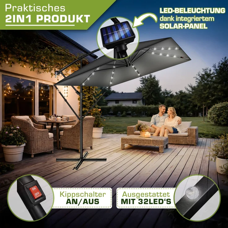 tillvex® Alu Sonnenschirm Rechteckig Ø 330 cm mit LED Solar Anthrazit + Abdeckung mit Kurbel | Ampelschirm mit Ständer & Windschutz | Gartenschirm UV-Schutz, wasserdicht, 360° drehbar | Kurbelschirm Marktschirm – Bild 5