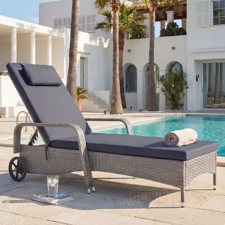 Poly-Rattan Sonnenliege Carrara, Relaxliege Gartenliege Liege, Alu ~ grau, Kissen dunkelgrau