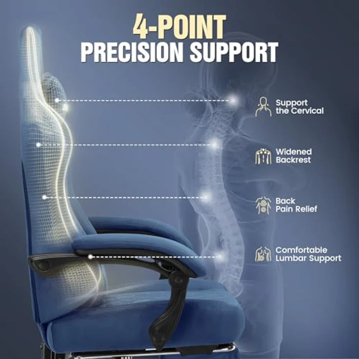 GTPLAYER Gaming-Stuhl, Stoff, Gaming-Stuhl, ergonomisch, Büro, PC, 150 kg, Verstellbarer und drehbarer Tischstuhl mit Feder-Sitzkissen und Fußstütze, Blau – Bild 7