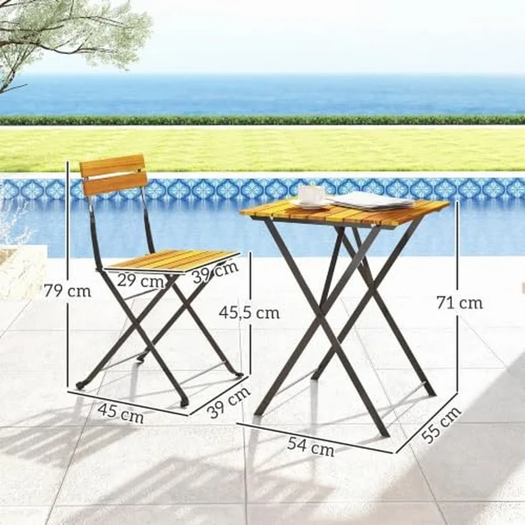 Outsunny Balkonset Esstisch mit 2 klappbare Stühle, Bistroset mit Stahlgestell, (Sitzgruppe, 3-tlg, Essgruppe), für Terrasse, Balkon Teak – Bild 7