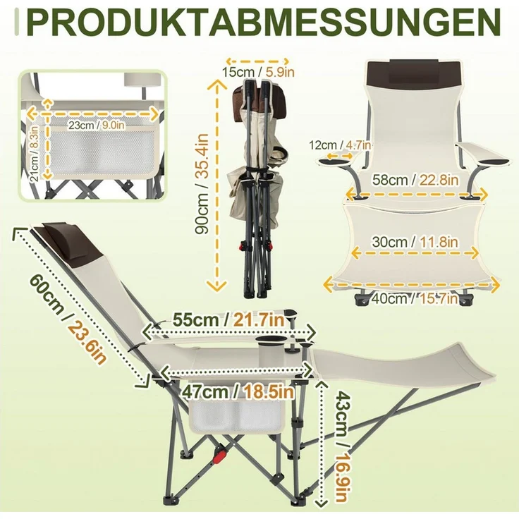 FIVMEN Campingstuhl Klappstühle Faltbar mit Verstellbarer Rückenlehne Strandstuhl, Liegestuhl Relaxsessel Klapphocker inkl. Tasche, für Garten Wandern – Bild 2