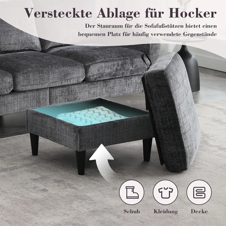 LVHOM Loungesofa mit Hocker & Stauraum, 4-Sitzer, Armlehnen, Getränkehalter, Seitentaschen, weiche Chenille-Stoff, modulare Sofa, Grau – Bild 7