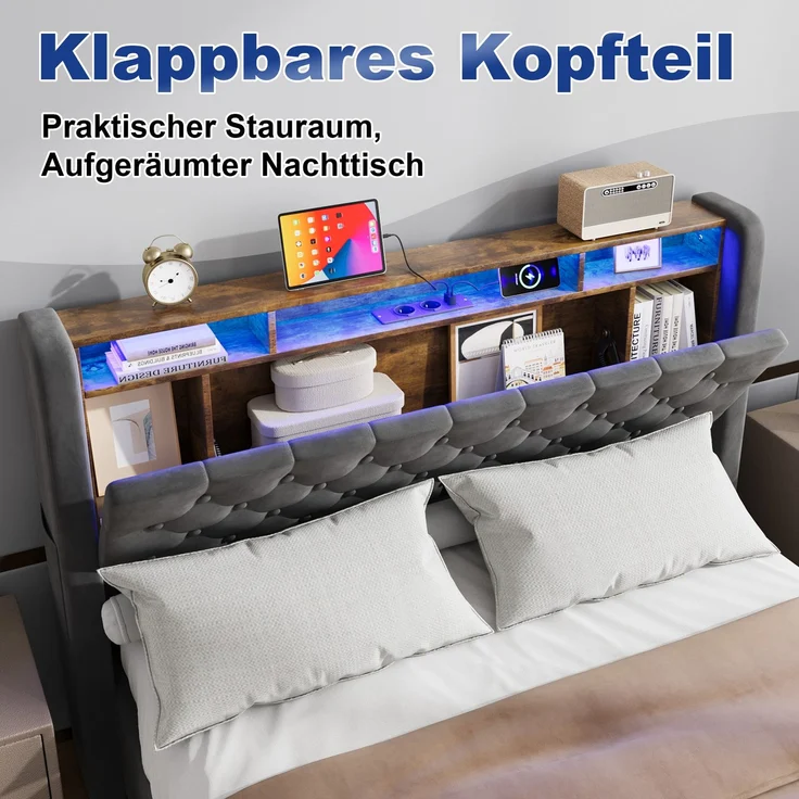 MODFU Polsterbett Mit Stauraum,LED-Beleuchtung und USB-Anschlüssen (Funktionsbett, 1-tlg, Stabiler Metallrahmen, inkl. Lattenrost, ohne Matratze), 140x200 cm, Hollandvelours, Kopfteil-Ablage – Bild 9