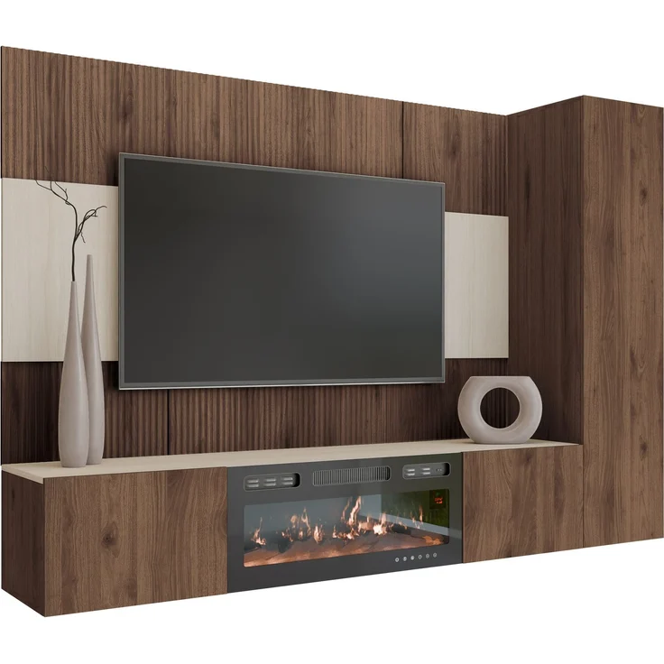Wohnwand Deromi VI mit Kamin (Farbe: Nuss Okapi + Travertin) – Bild 2