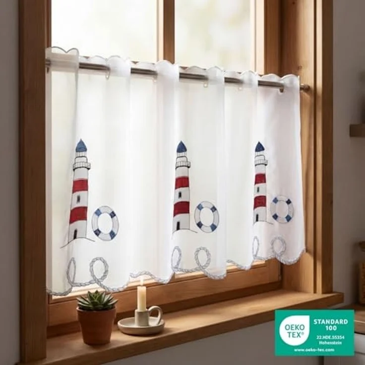 Delindo Lifestyle Scheibengardine LEUCHTTURM (1 St), Stangendurchzug, transparent, Voile, HxB: 45x115, mit Stangendurchzug, für die Küche – Bild 2
