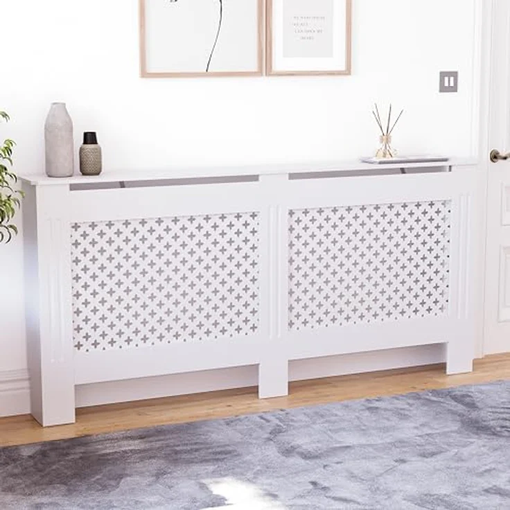 Vida Designs Oxford-Heizkörperabdeckung, moderner weißer MDF-Schrank mit Rillen, oberes Regal aus Holz, extra groß – Bild 2