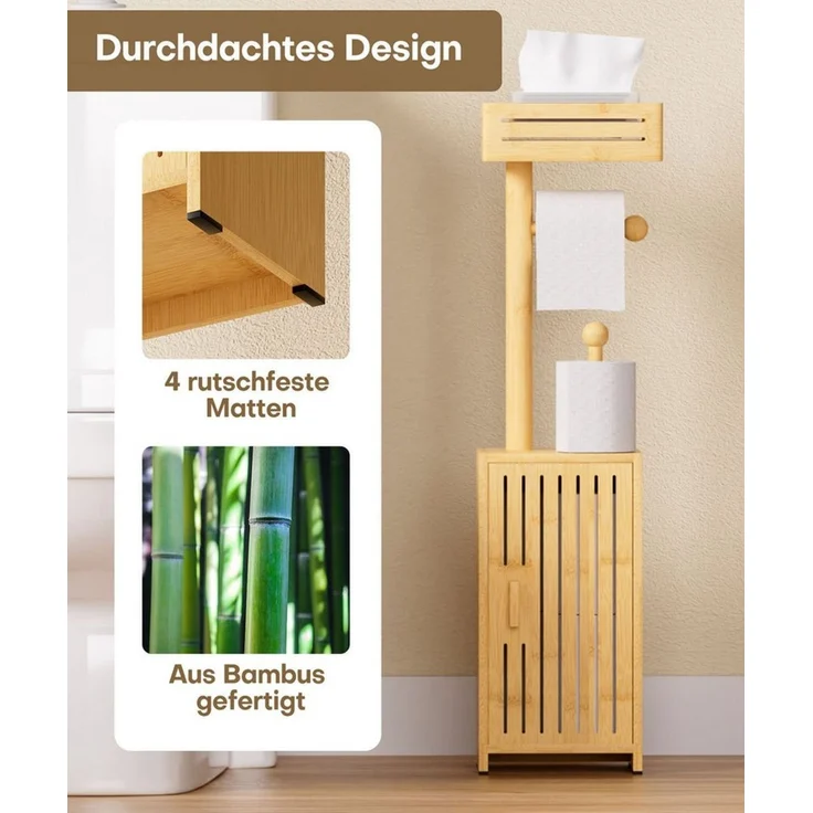 Yorbay Toilettenpapierhalter Schmaler Aufbewahrungsschrank mit Ablagefläche & Rollenhalter, Bambus Badezimmerschrank 20 x 17 x 73.5 cm – Bild 3