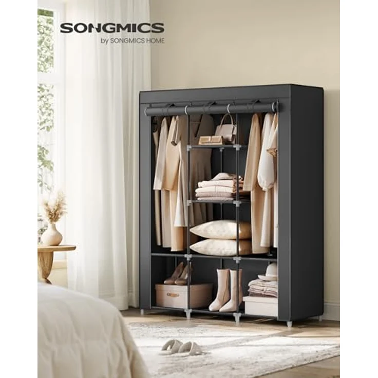 Songmics Kleiderschrank, Garderobe, Kleiderständer mit Vliesstoffbezug, Hängestangen, Ablagen, 45 x 130 x 168 cm, große Kapazität, für Schlafzimmer, Wohnzimmer, tintenschwarz RYG096B01 – Bild 3
