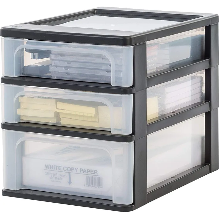 Iris Ohyama, Schreibtisch-Organizer mit 2 flache und 1 tiefe Schublade, Schwarz, Easy-Pull-System, A4, A5 & A6 Format, Schreibtisch Organizer für Büro, Schule, Schreibwaren, BPA-frei, Drawer, OCH-2021