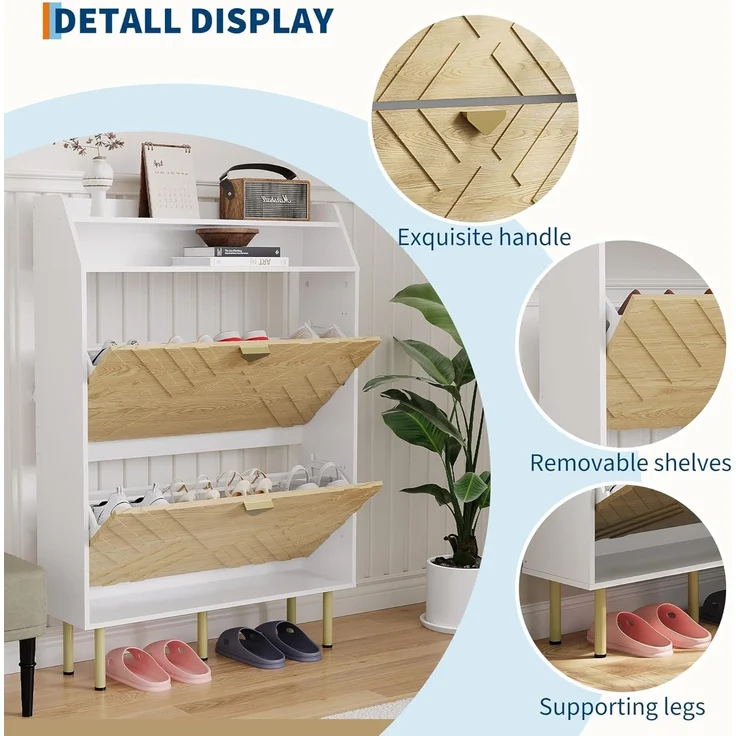 GarveeHome Schmaler Schuhschrank Mit 2 Klappen, Schlanker Freistehender Schuhschrank Für Den Eingangsbereich,Mit Kippschutz-Set, Verdecktes Schuhfach Mit Einlegeboden – Bild 5