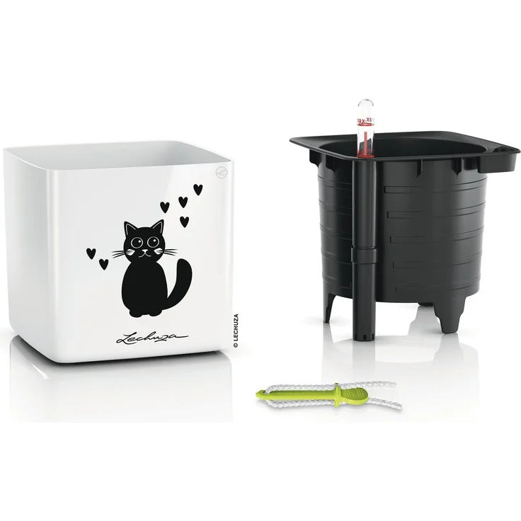 LECHUZA-Tischgefäß CUBE Glossy CAT 14 Weiß Highgloss | Pflanzgefäß mit Bewässerungssystem, Wasserstandsanzeiger und Pflanzeinsatz | Hochglanz-Oberfläche mit Katzenmotiv | 14 x 14 x 13,5 cm | 13507 – Bild 2