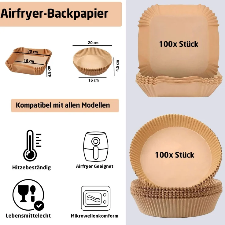 Jungengel Backpapier Airfryer Backpapier rund/quadratisch 100 Stück fettfrei antihaft, Hitzebeständig bis 220 °C, BPA-frei, rund/quadratisch – Bild 2