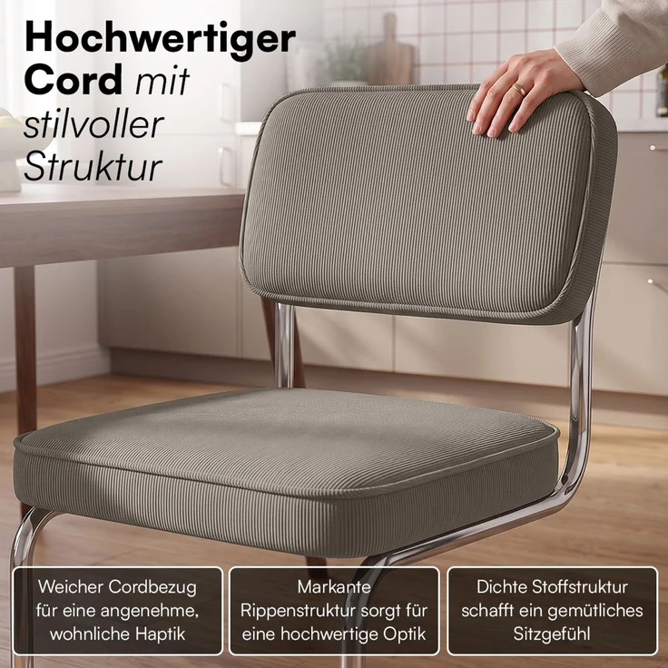 skølm 'Thund' Esszimmerstühle 4er Set, macchiato, Polsterstuhl aus Cord mit verchromten Metallgestell, Schwingstuhl bis 120 kg belastbar – Bild 7